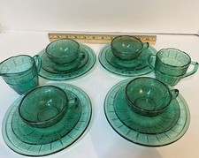 14 piece Doric  Pansy Childs Teal Depression Glass Tea Set Jeannette