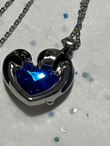 Penguins around a Blue Crystal Heart Steampunk Silver Plated Necklace - Picture 6 of 10
