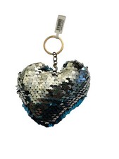 Keychain Heart Shape Sequin Silver And Blue Color Double Sided Reflective