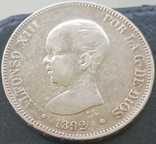 1892 (92) PG-M Spain Alfonso Xlll 5 Pesetas Silver Coin