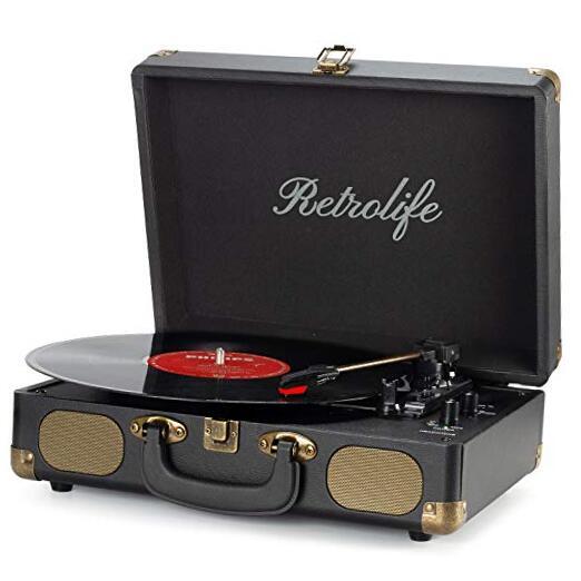 Vinyl Record Player 3-Speed Bluetooth Suitcase Portable Belt-Driven black