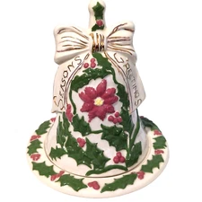 Vtg Christmas Decor Bell Candy Dish Seasons Greetings Ceramic Mistletoe 1975