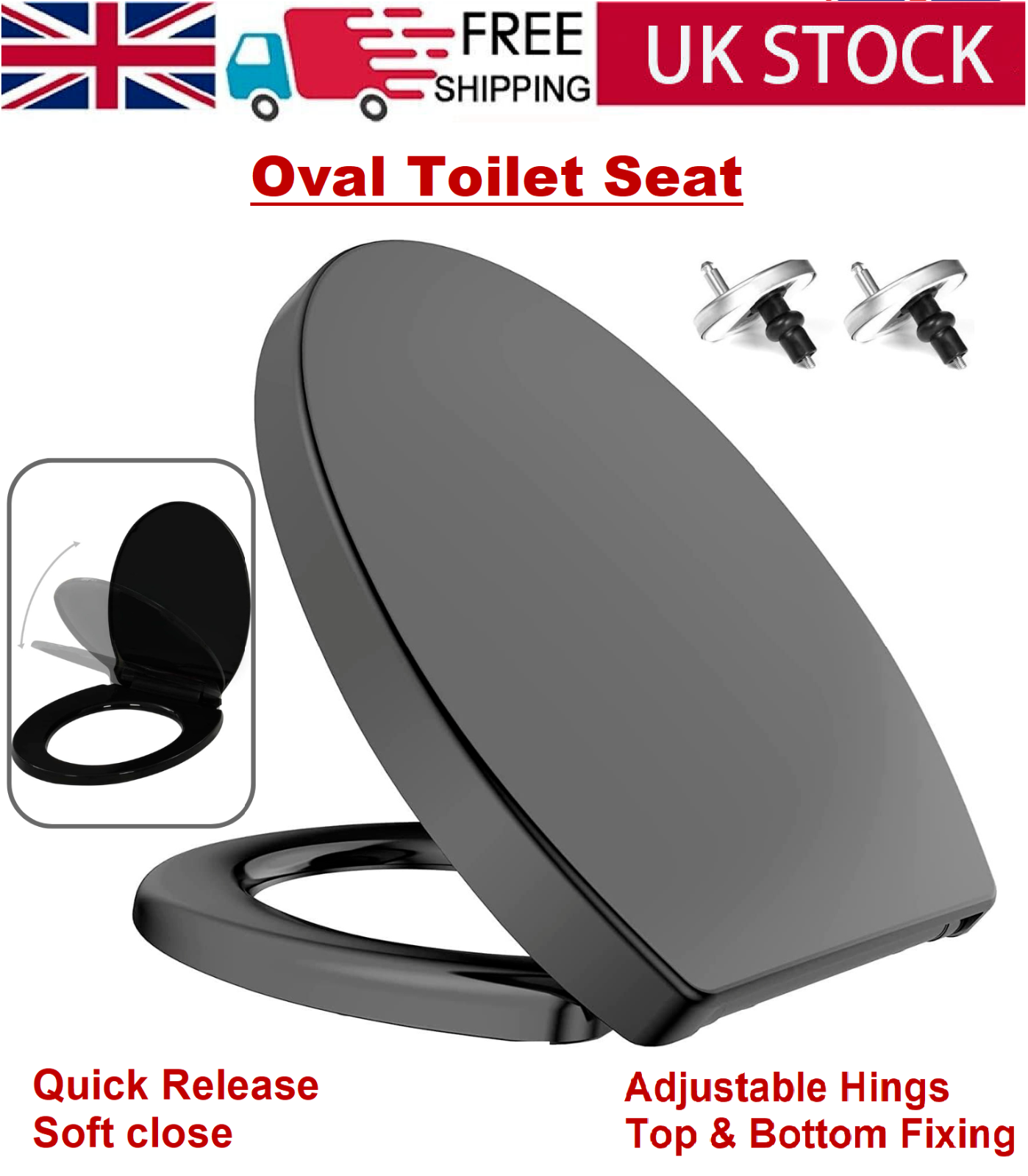Soft Close Black Toilet Seat Quick Release Oval Shape Top & Bottom Fix