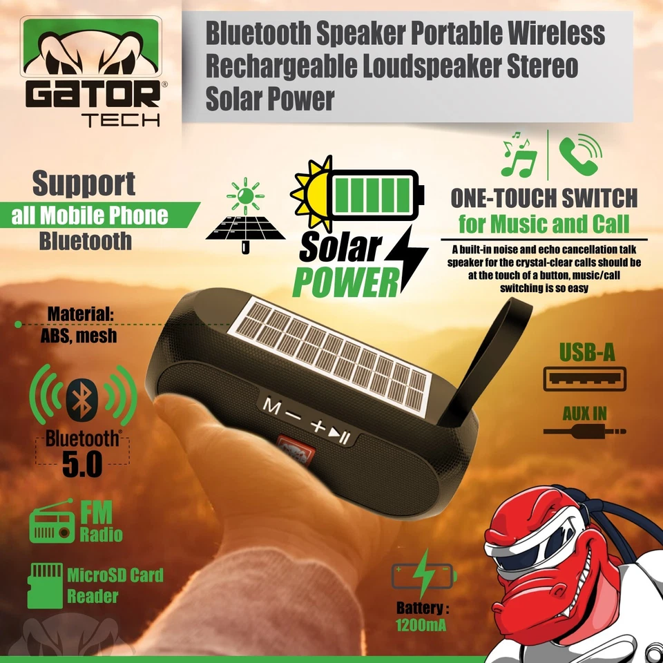 Altavoz Solar Bluetooth Inalámbrico Portátil Alimentación Estéreo Bajo USB SD FM Radio RUIDO Foto 2 de 4