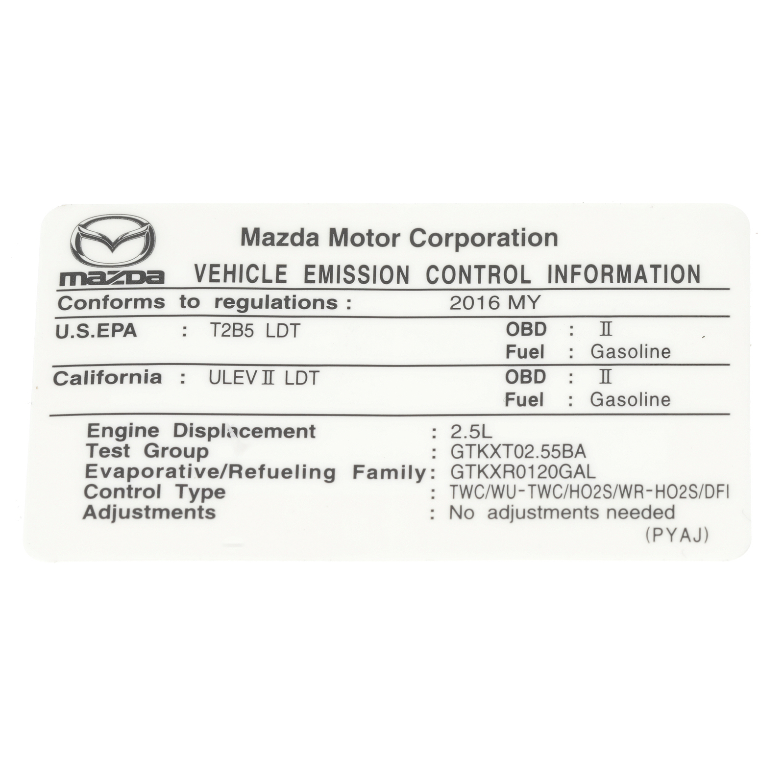 Etiqueta de emisión para Mazda CX-5 2016 (N/P PYAJ-69-036)