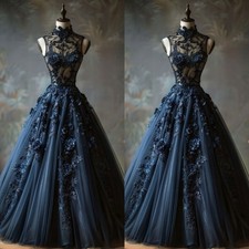 Vintage Navy Blue High Neck Wedding Dresses Lace Appliques A Line Bridal Gowns