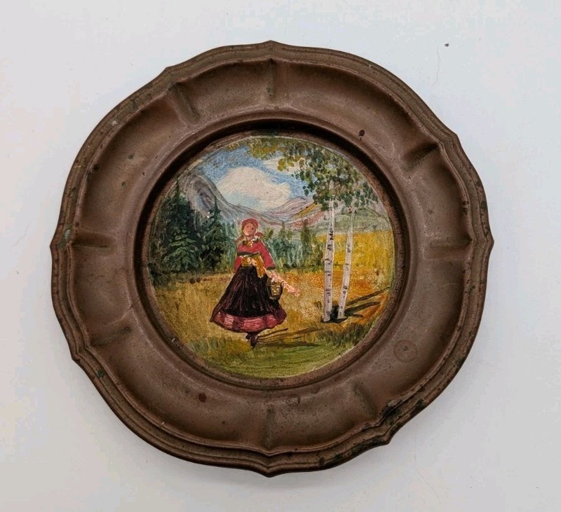 Vintage Hand-painted Miniature Round Copper Opal Plate Made In Denmark Art