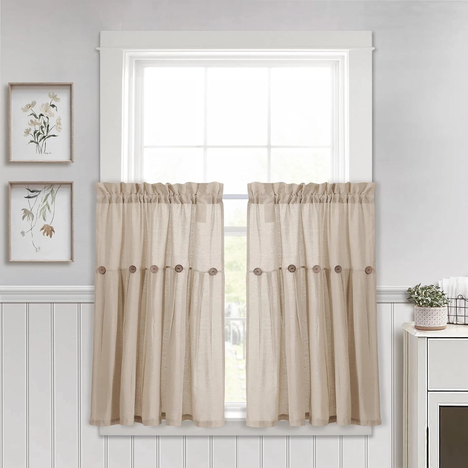 Linen Button Farmhouse Kitchen Curtains Tier Set 29"W x 36"L Dark Linen Linen