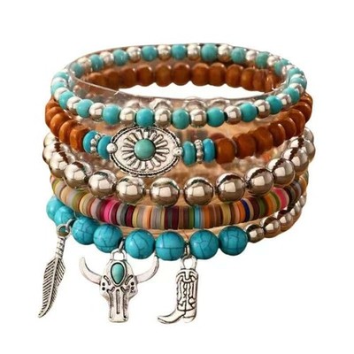 Western Turquoise Beaded Bracelet, Boho Stack Jewelry, Country Concert Cowgir...