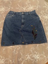 Vintage 90s Venezia Floral Embroidered Denim Skirt Size 14 Y2K Cottagecore Boho