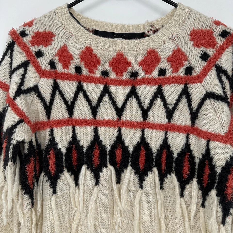Kensie Sweater Womens XS Cream Black Red Fringe Knit Pullover Aztec Pattern Boho - Image 3 of 4