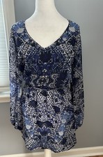 Show Me Your Mumu Womens M Rainey Mini Dress Blue Print Sheer Sleeve Keyhole USA