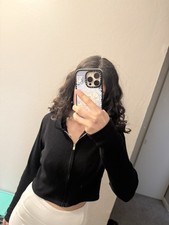 Women's Black Short Hooded Zip-Up Jacket Long Sleeve Solid Casual Regular Fit