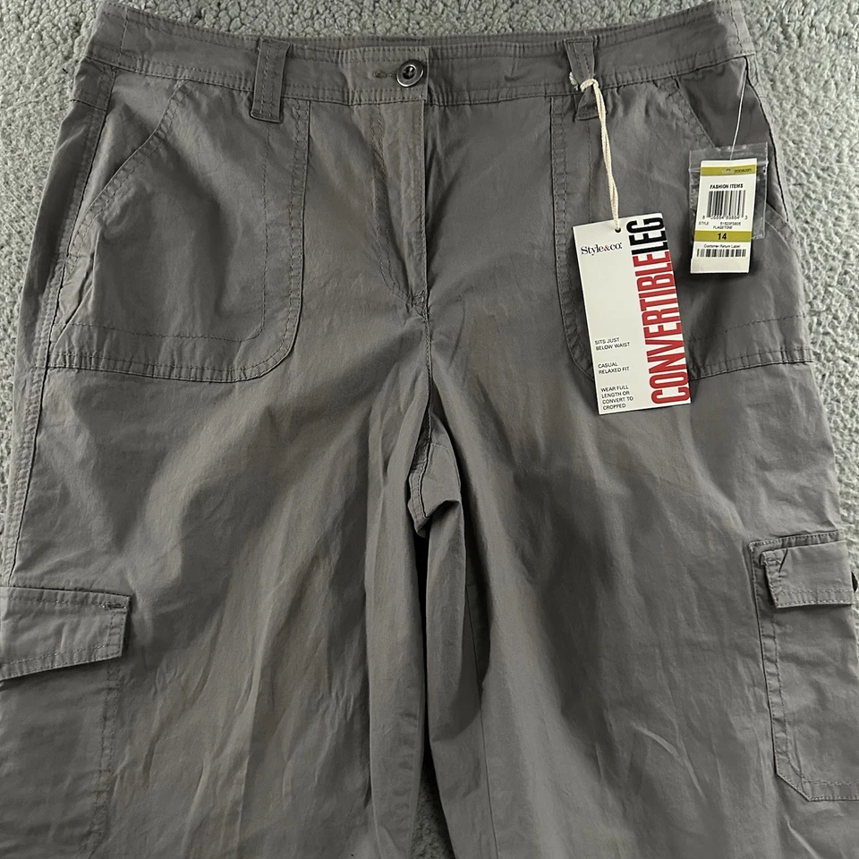 Pantalones para mujer Style & Co gris talla 14 informales calce relajado convertibles mezcla de algodón Foto 2 de 4