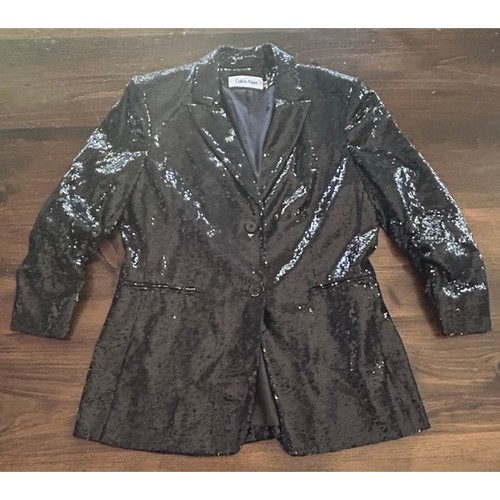 Calvin Klein Blazer Jacke Anzug Mantel schwarz Pailletten 3/4 geraffte Ärmel Damengröße 6 - Bild 2 von 7