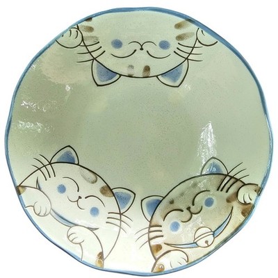 Japanese Smiling Cat Noodle Cereal Ceramic Rice Dinner Bowl Blue Gift