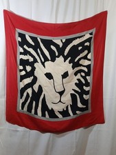 Vintage Anne Klein Womens Silk Scarf Lion Head Logo Graphic Red Black