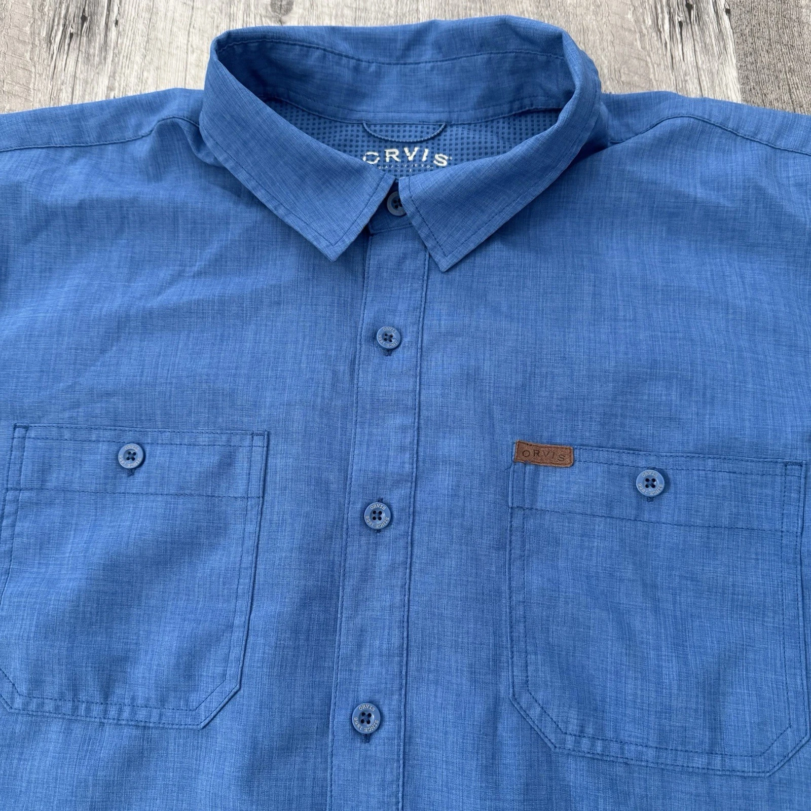 Orvis Shirt Mens 2XL Blue Performance Short Sleeve Button Up Mesh Neck Fishing