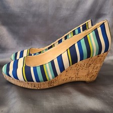 Nine West Shoes Womens Size 8.5 M  Striped Cork Wedge Blue White Platform Dress