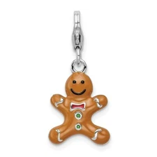 Sterling Silver 3 D Gingerbread Enaneled Cookie Charm Pendant Clip On Christmas