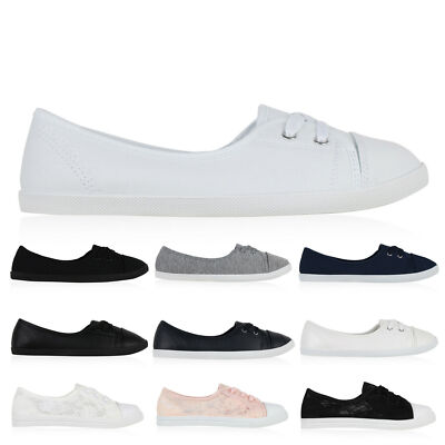 Sportliche Damen Ballerinas Stoff Slipper Flats Schnürer 901443