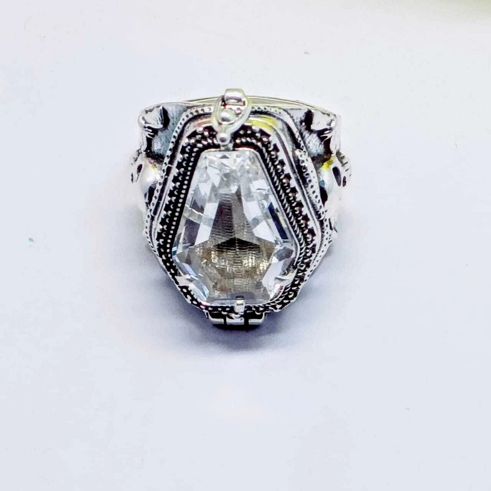 Skull Coffin Poison Ring, White  Topaz Gemstone 925 Silver Handmade Poison Ring, - Image 3 of 4