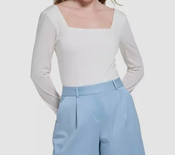 Calvin Klein Women's Ivory X-Fit Square Neck Long-Sleeve Bodysuit Top Size L