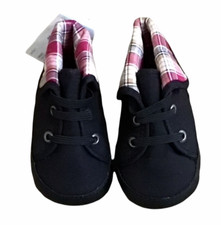Gymboree Hoot Hop Crib Shoes Boys Black High-Top Plaid Trim Sz 02 NWT