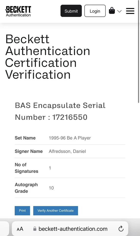 Tarjeta firmada por Daniel Alfredsson Be A Player Senators IP losa Beckett BAS a Foto 3 de 3