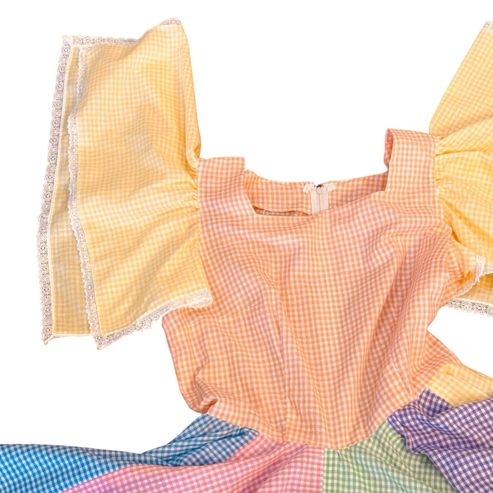 Vestido Vintage Años 70 Colorido Cuadrado Baile Círculo Completo Rockabilly Manga Ángel M Foto 3 de 4