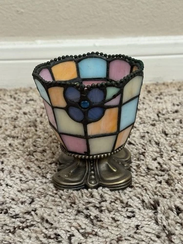 VTG Partylite Hydrangea Tiffany Style Stained Glass Votive Candle Holders 4”