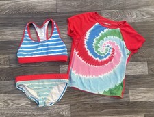 Lands End Girls Three 3 Piece Swim Suit Bathing Suit Rash Guard Tie Dye Size 5