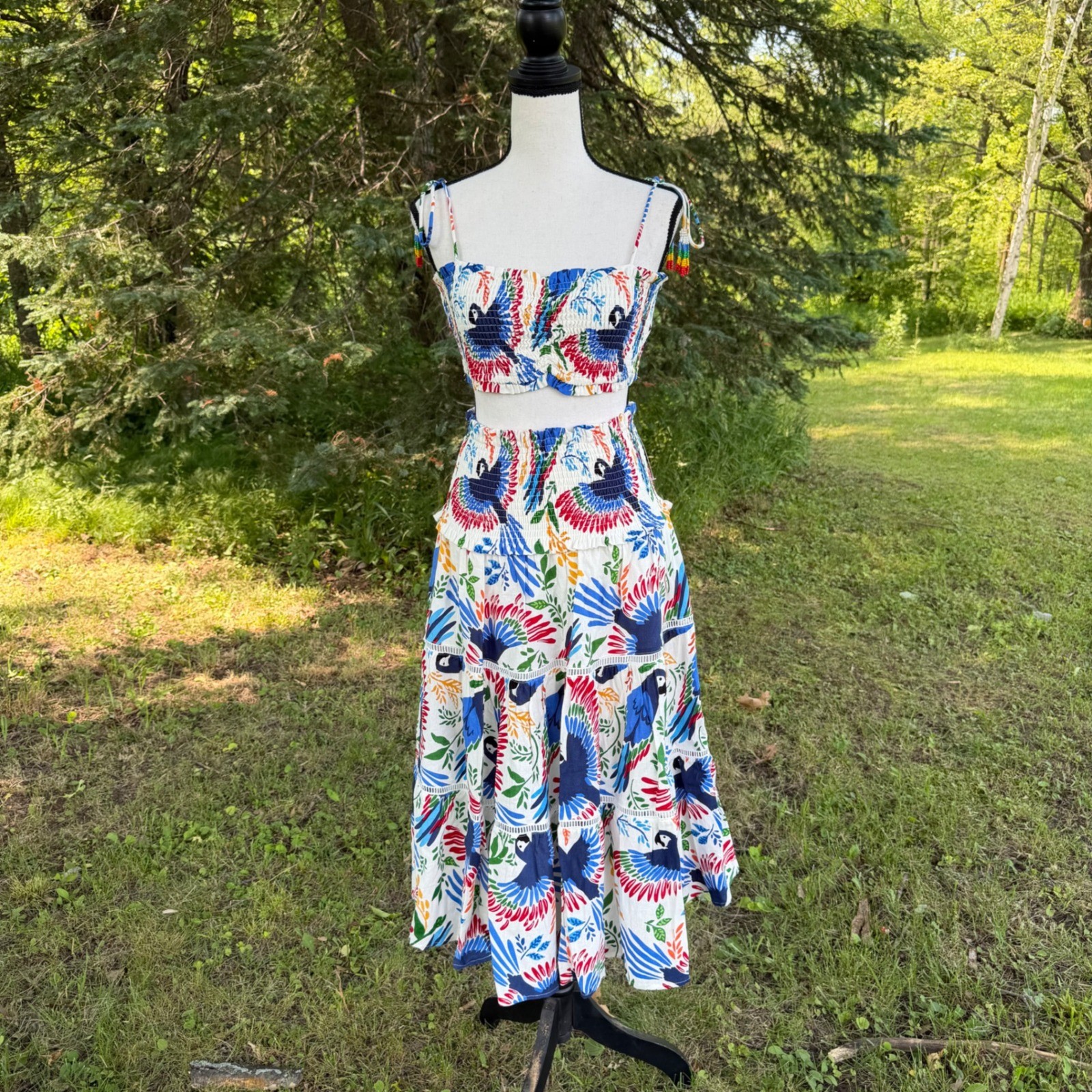 House of Harlow 1960 2 Piece Skirt Set Womens XS Parrot Tropical Linen Blend
