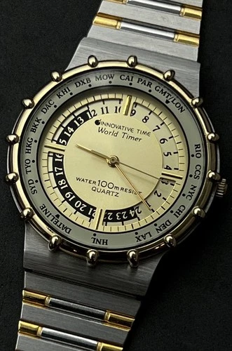 Vintage New 1988 INNOVATIVE TIME World Timer Men’s 40mm Quartz Watch Gold Steel