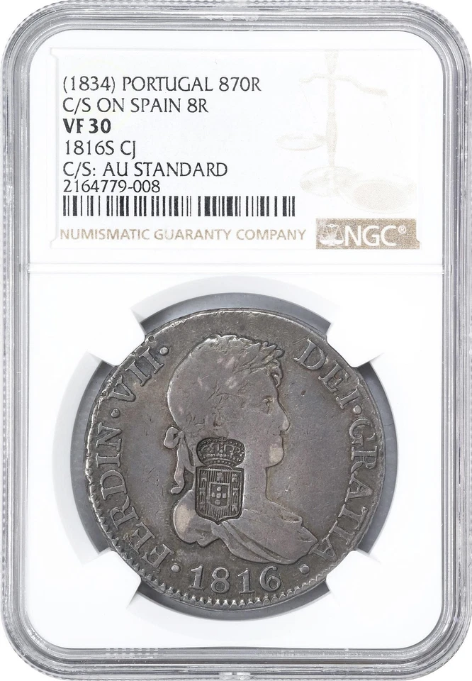 (1834) PORTUGAL MARIA II 870 REIS COUNTERMARK ON 1816 SEVILLE 8 REALES NGC VF30 - Image 3 of 4