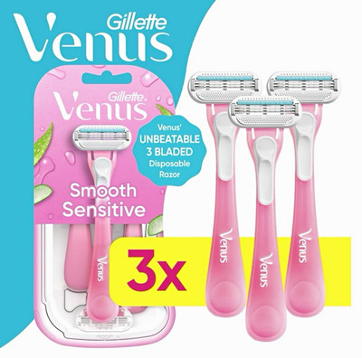 Gillette Venus Smooth Sensitive Women s Disposable Razor 3-Blade 3 ct Pink/White