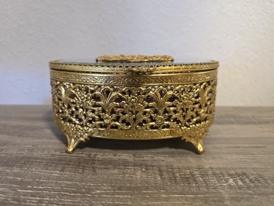 Gold Filigree Ormolu Jewelry Box Casket Beveled Glass 