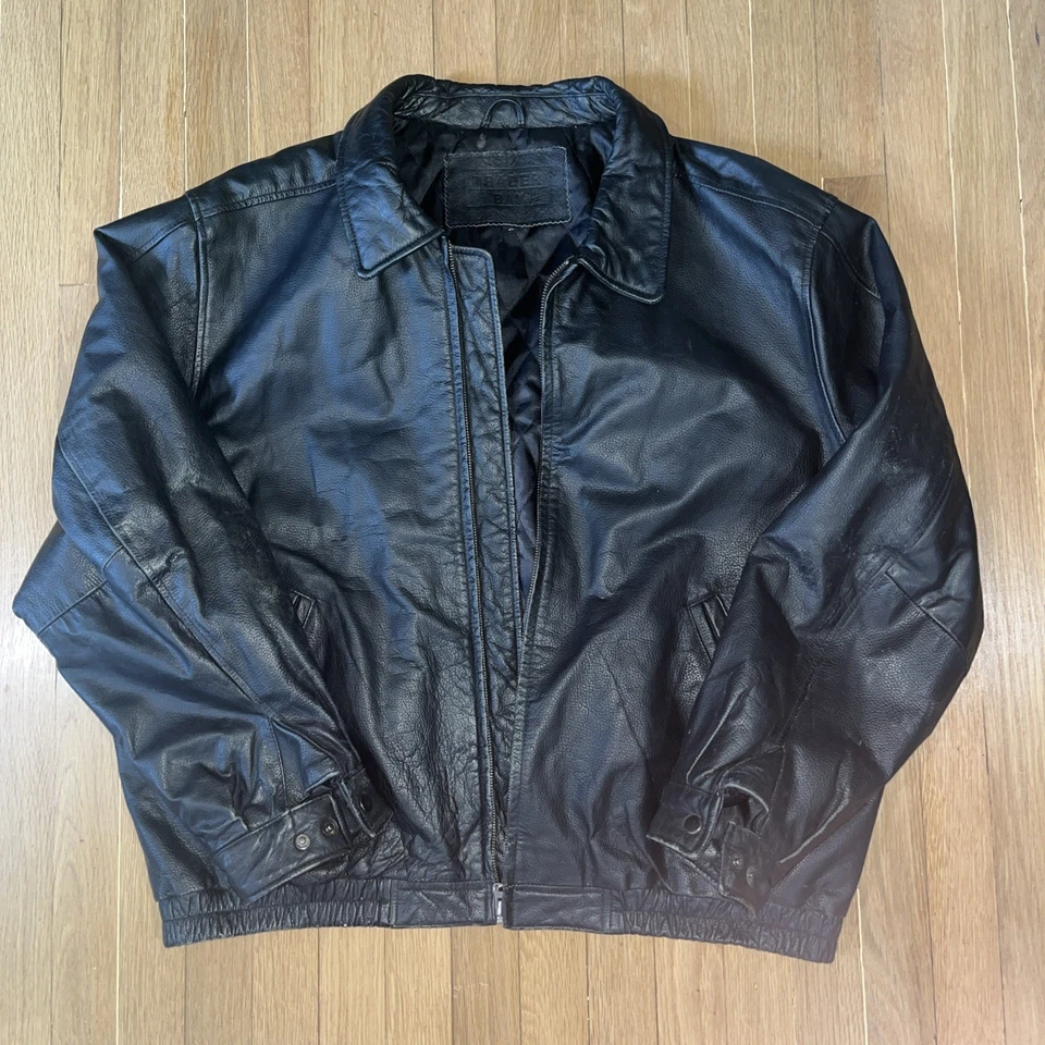 Men’s Biker Black Leather Moto Bomber Jacket YKK Zip Quilt Lining Size XL - Image 2 of 4