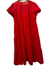 LDT Women’s Red Puff Sleeve Tiered Midi Dress with pockets 12