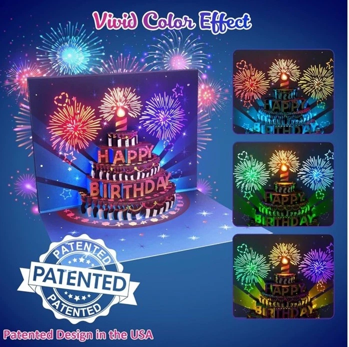 Tarjetas de Cumpleaños INPHER Fuegos Artificiales Pop Up Pastel Luz y Música Tarjeta de Feliz Cumpleaños Foto 3 de 4