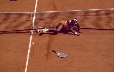 Serena Williams USA on the ground after falling at the French Open- Old Photo