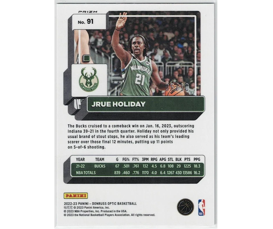 2022-23 Panini Donruss Optic Asia Gold Wave 06/10 - #91 Jrue Holiday / Bucks Foto 2 de 3