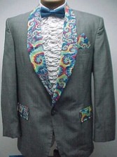 CUSTOM SEWN GRAY GREY TUX TUXEDO SMOKING JACKET TIE DYE PRINT MENS Sz 41R
