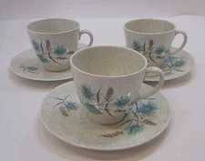 3 Wood Sons England Flora Pattern Speckle Gray Pottery Cups Saucer Sets FREE S/H
