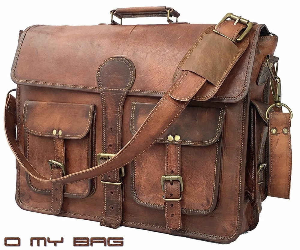 Messenger Case Vintage Goat Leather Tote Mens Briefcase 15'' Laptop Shoulder Bag