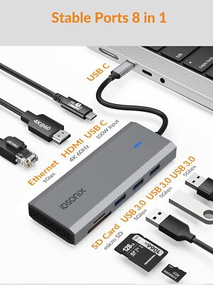 PD 100W USB C Hub Laptop Docking Station 5 / 8 in-1 Type C Multiport Adapter US
