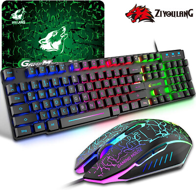 LED Gaming Tastatur Und Maus Set QWERTZ German Layout Regenbogen 2400 DPI Maus