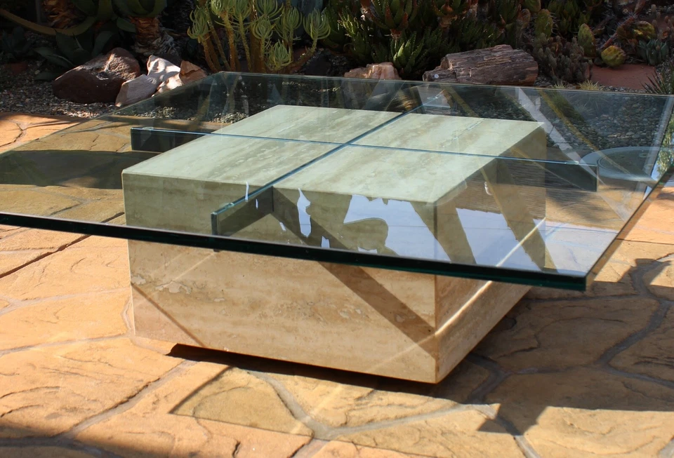 MESA DE CENTRO ARTEDI ITALIANA DE VIDRIO TRAVERTINO VINTAGE MEDIADOS DE SIGLO MODERNA ITALIA Foto 3 de 4