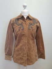 Womens Beth Terrell Brown Leather Suede Collared Jacket Uk S 10 Eu 38