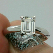 2CT Emerald Cut Moissanite Solitaire Engagement Women Ring Solid 14K White Gold